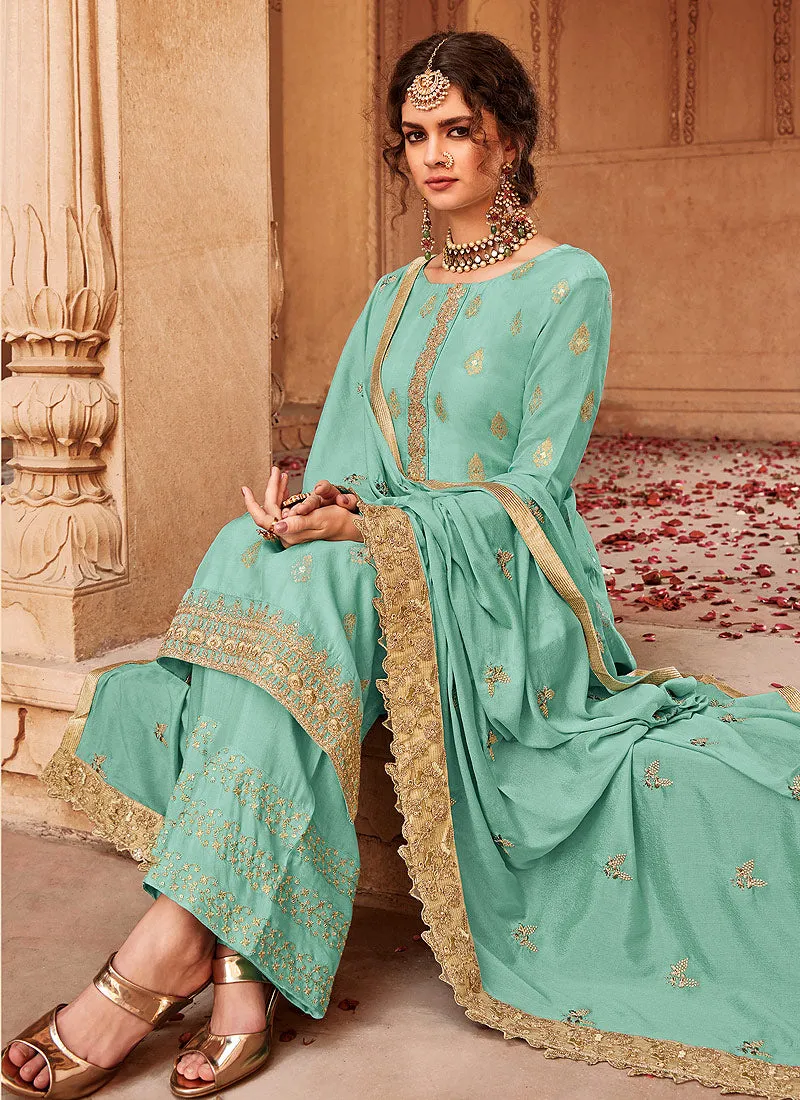 Aqua Blue Golden Embroidered Palazzo Pant Suit