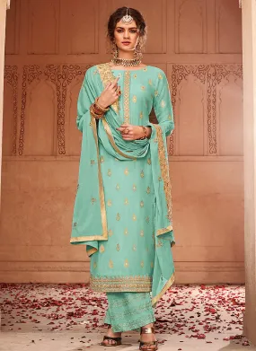 Aqua Blue Golden Embroidered Palazzo Pant Suit