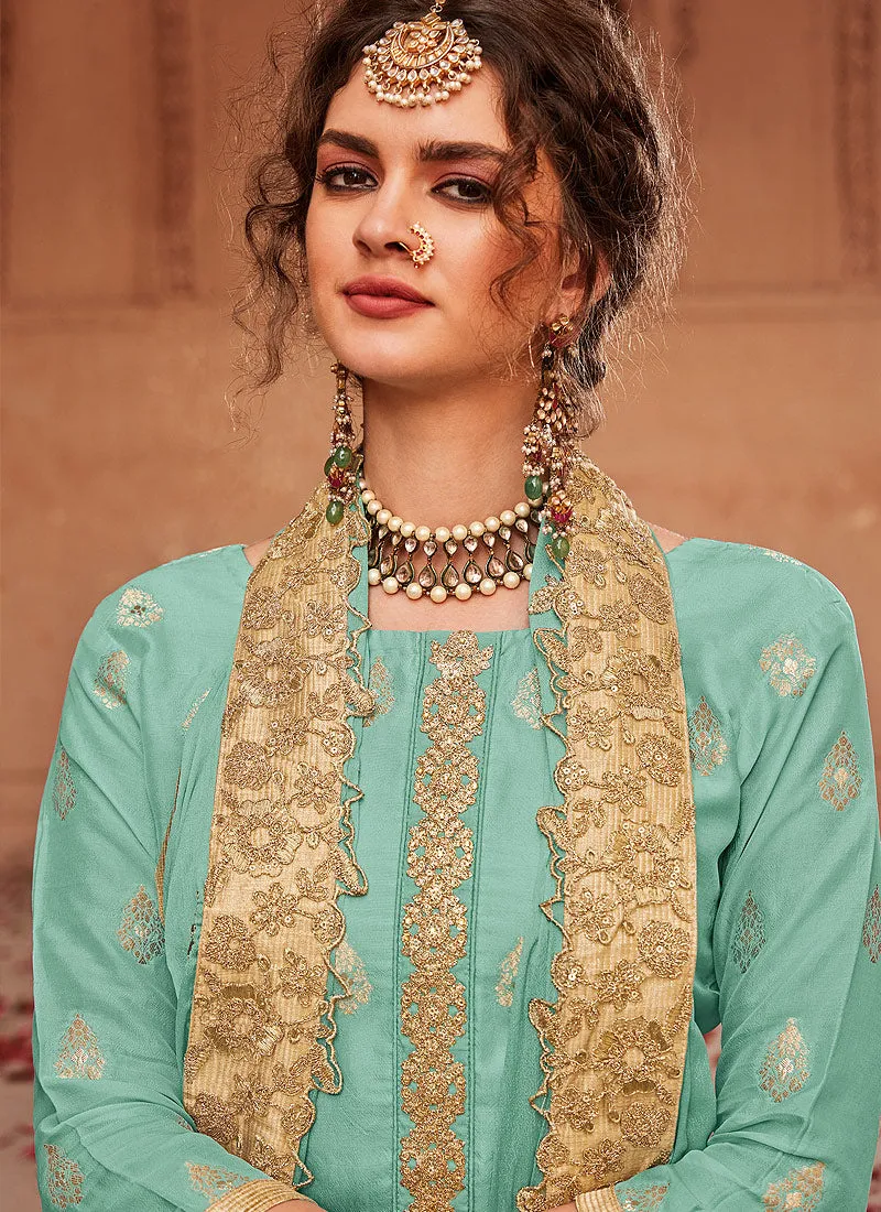 Aqua Blue Golden Embroidered Palazzo Pant Suit