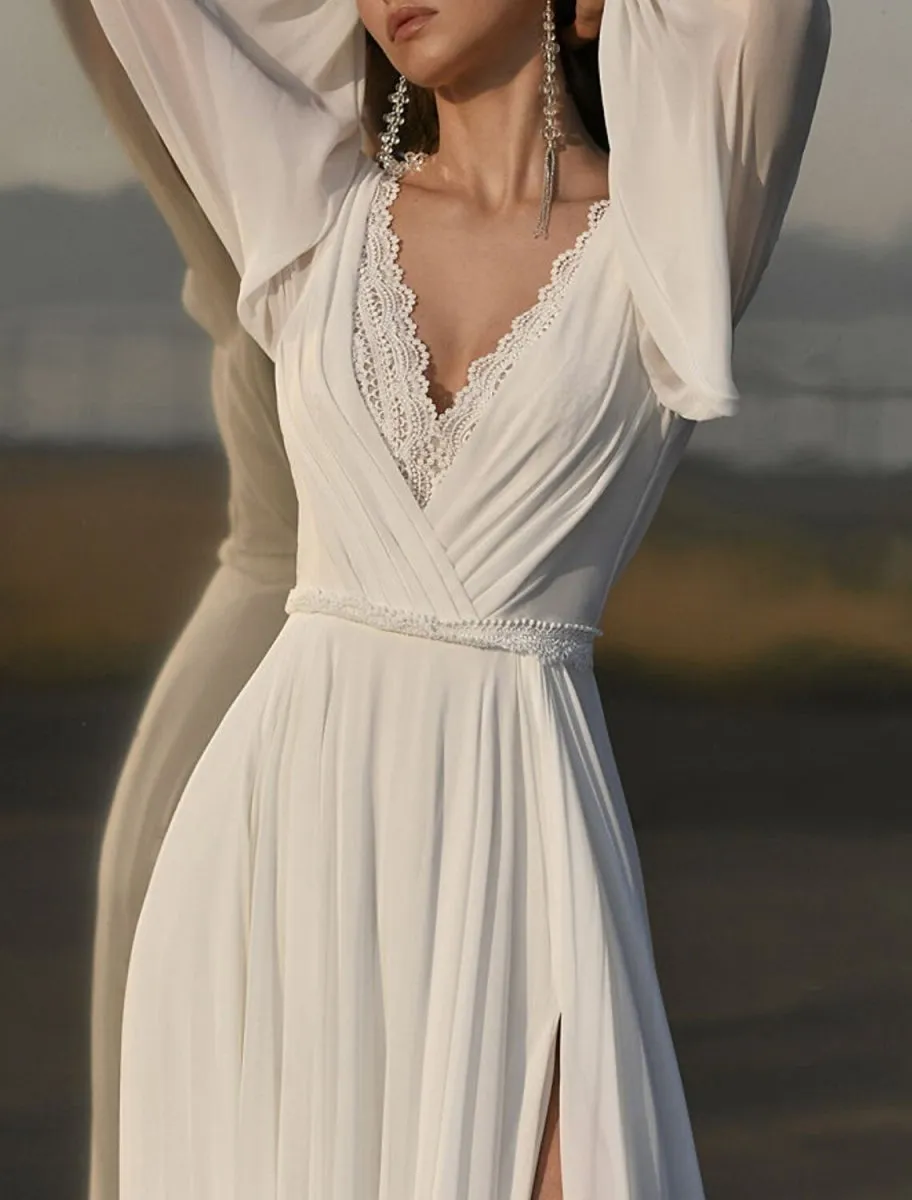 Beach Boho Wedding Dresses A-Line V Neck Long Sleeve Court Train Chiffon Bridal Gowns With Split Front Solid Color