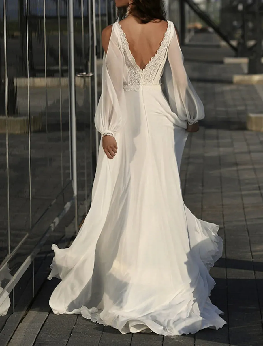 Beach Boho Wedding Dresses A-Line V Neck Long Sleeve Court Train Chiffon Bridal Gowns With Split Front Solid Color