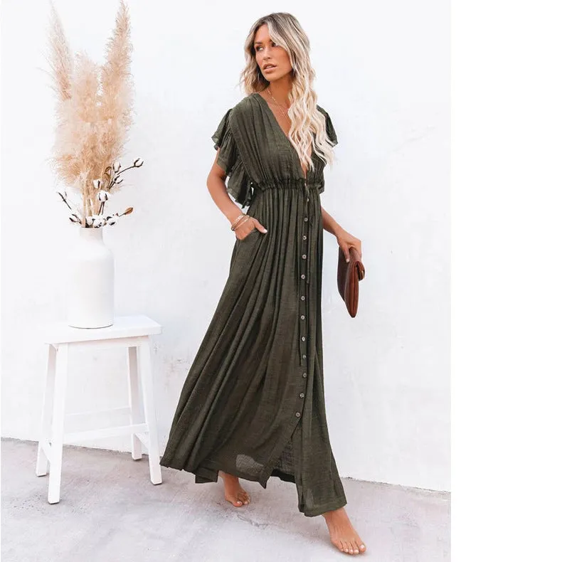 Beach Cover Up Slubbed Fabric Button Draw Waist Strap Maxi Dress Sun Protection Shirt