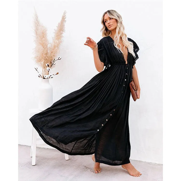 Beach Cover Up Slubbed Fabric Button Draw Waist Strap Maxi Dress Sun Protection Shirt