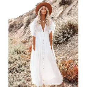 Beach Cover Up Slubbed Fabric Button Draw Waist Strap Maxi Dress Sun Protection Shirt