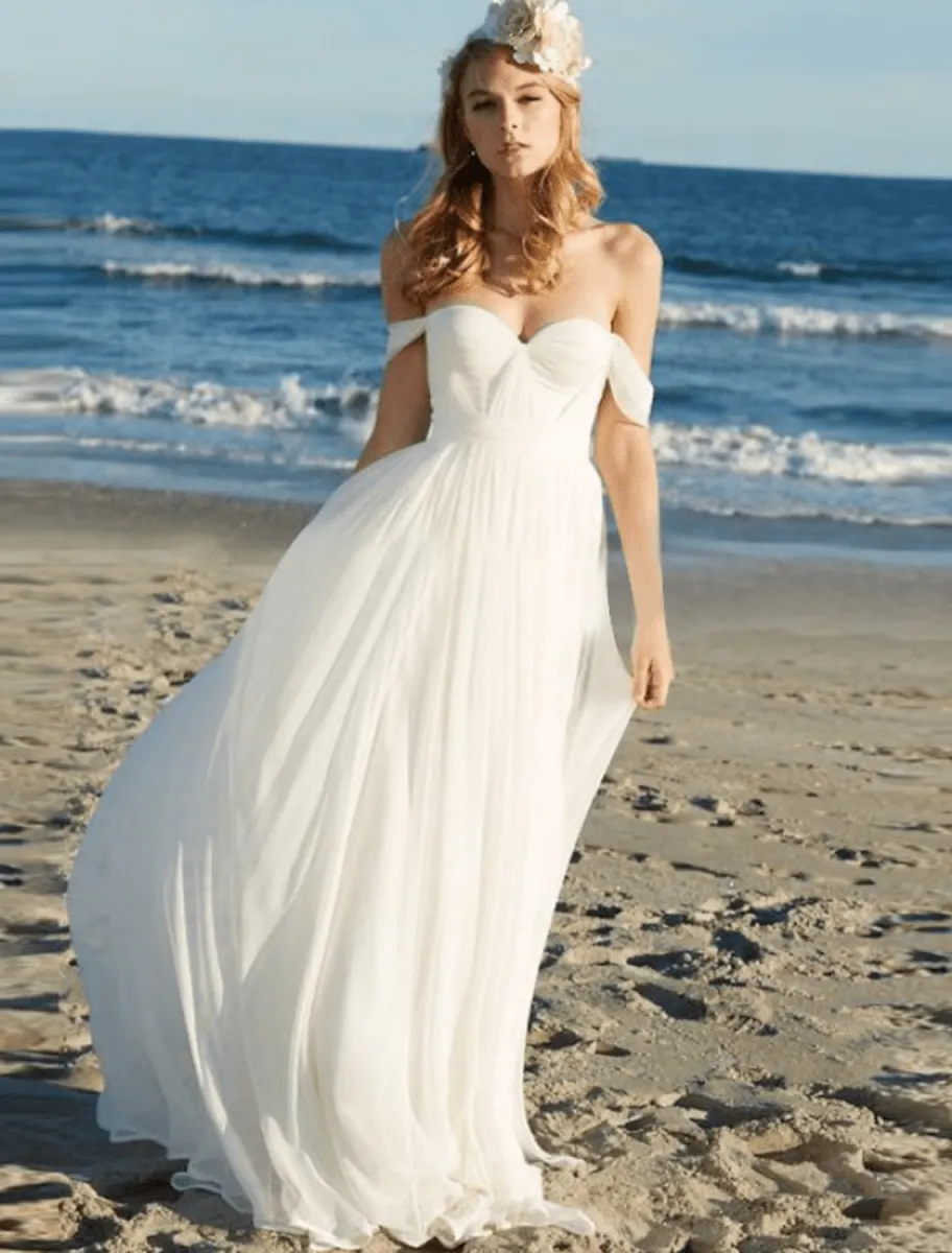 Beach Sexy Boho Wedding Dresses Floor Length A-Line Sleeveless Off Shoulder Chiffon With Pleats Solid Color