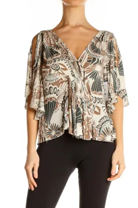 Beige Floral Print Flutter Sleeve Top