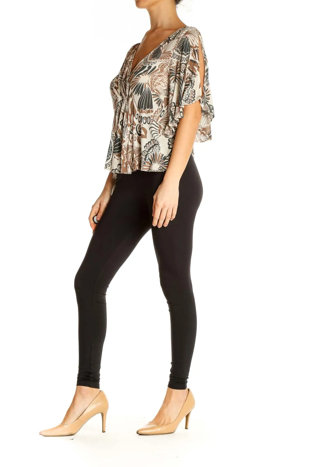 Beige Floral Print Flutter Sleeve Top