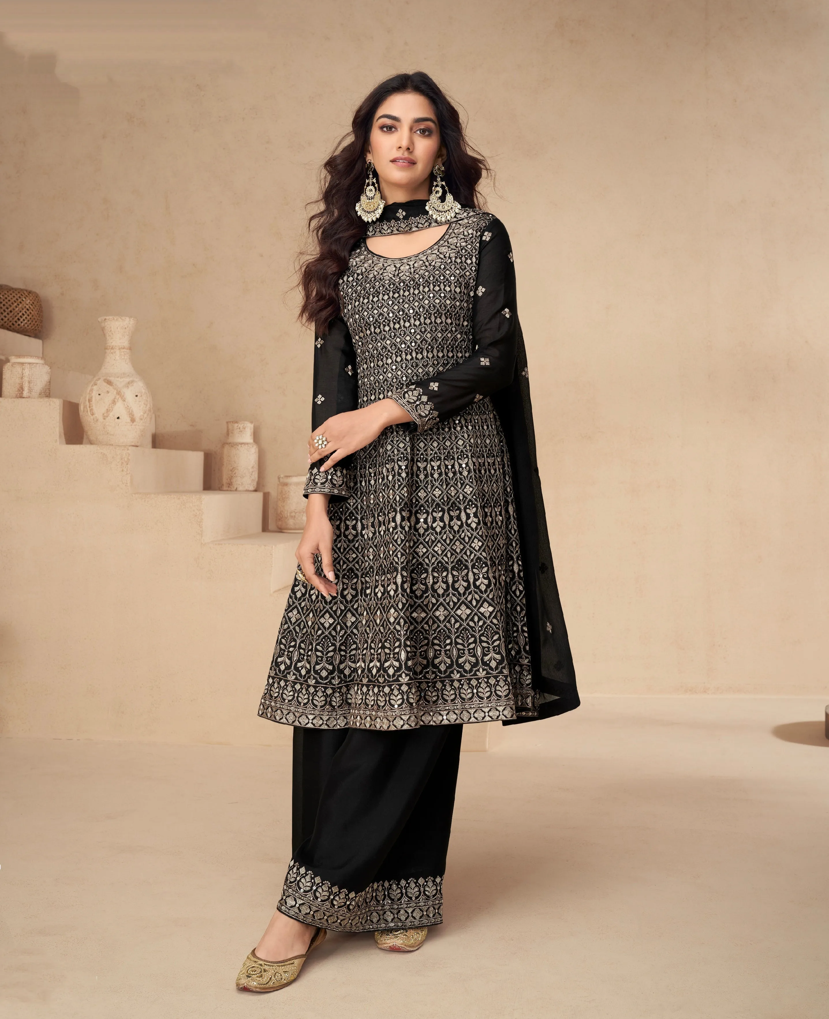 Black Chinnon Silk Palazzo Suit with Embroidery Dupatta