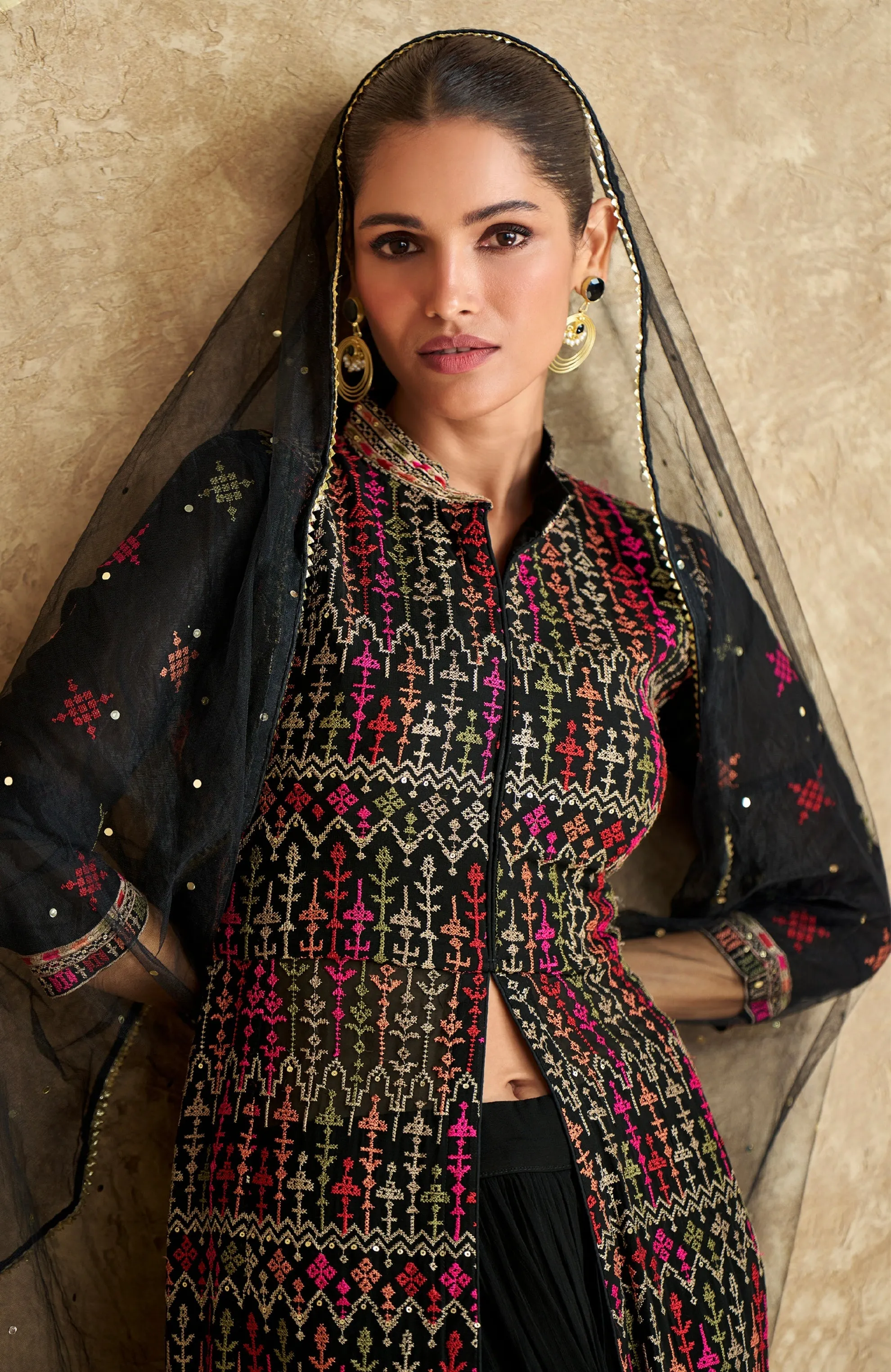 Black Embroidered Jacket Style Suit with Palazzo