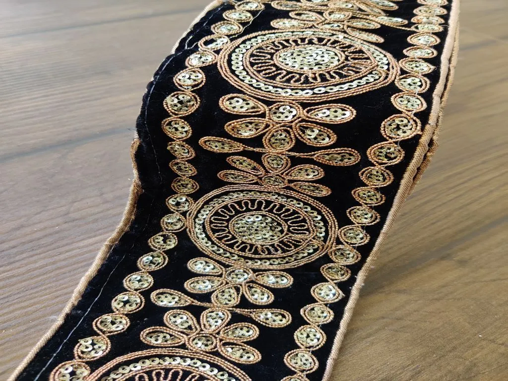 Black Golden Sequins and Thread Work Embroidered Border