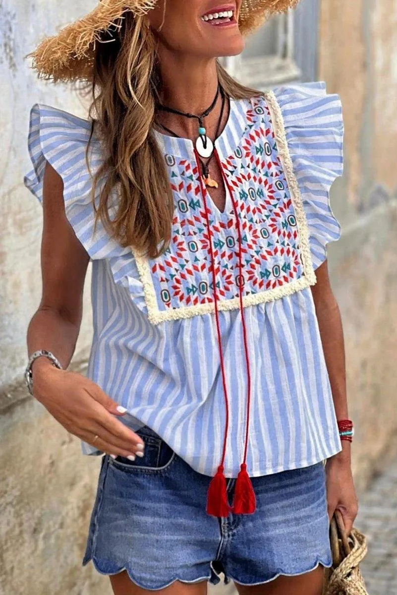 Blue and Red Stripe Tassel Flutter Blouse