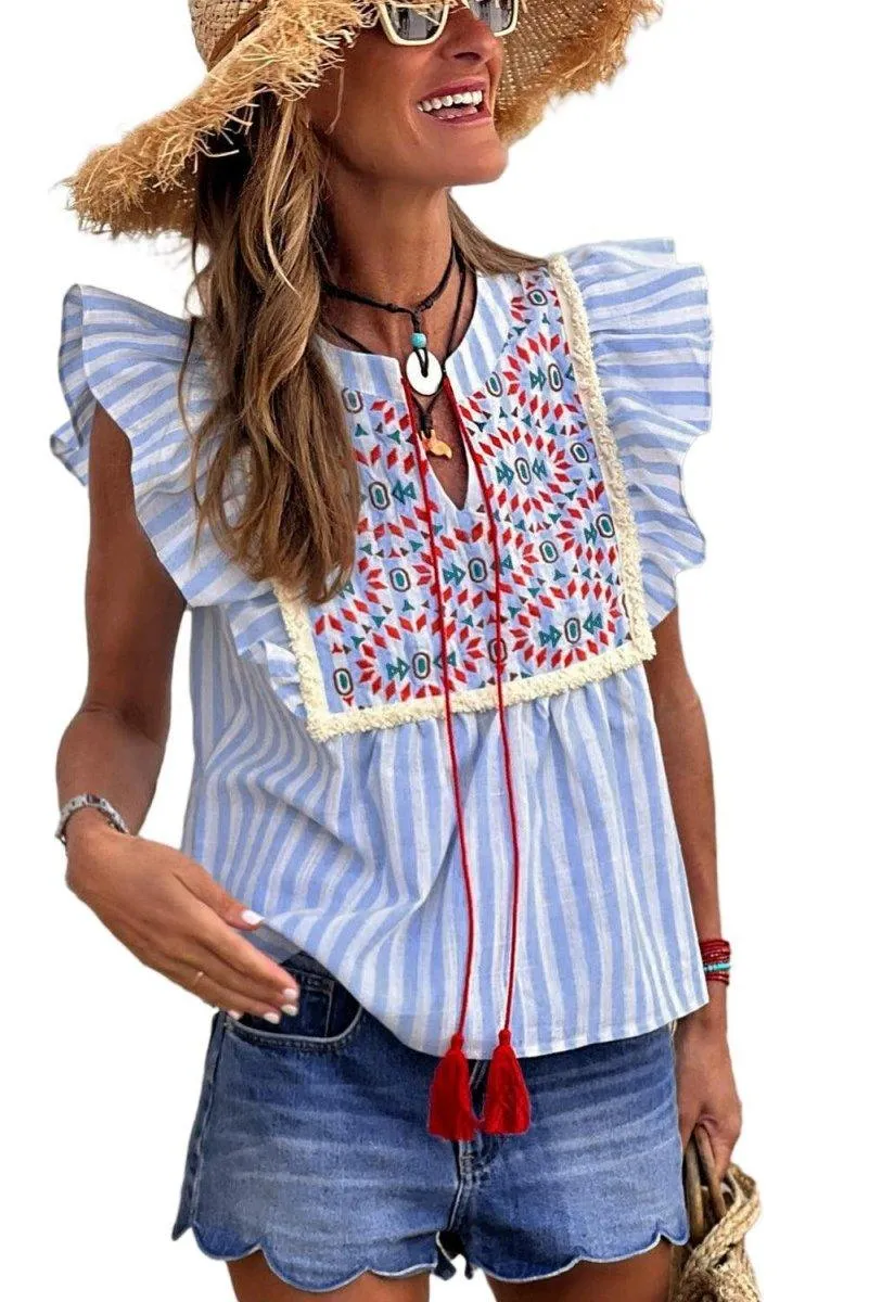 Blue and Red Stripe Tassel Flutter Blouse