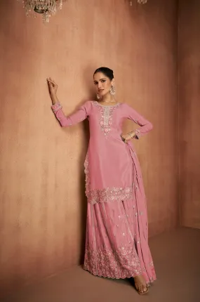 Blush Pink Chinon Palazzo Suit with Embroidery Dupatta