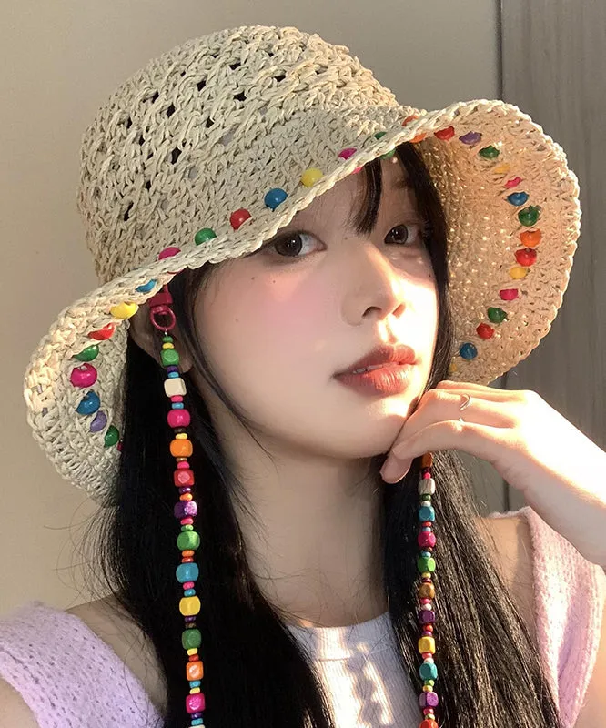 Boho Colorful Wooden Bead Hollowed Out Large Brim Sun Hat WB032