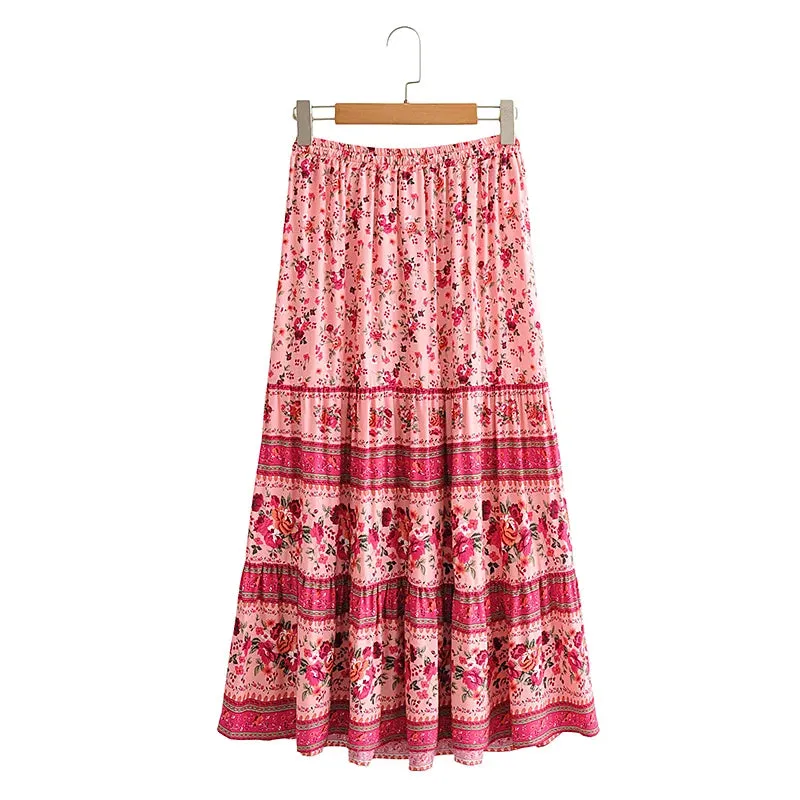 Boho Hippie Women Elastic Waist Beach Skirt  Pink Floral Printed