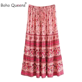 Boho Hippie Women Elastic Waist Beach Skirt  Pink Floral Printed