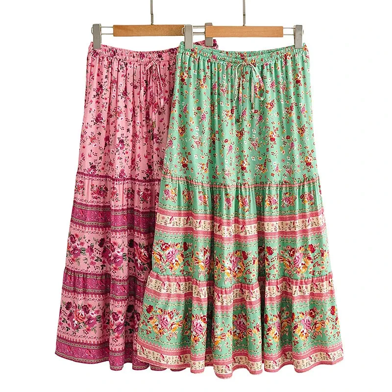 Boho Hippie Women Elastic Waist Beach Skirt  Pink Floral Printed