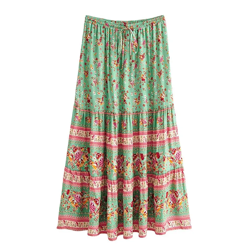 Boho Hippie Women Elastic Waist Beach Skirt  Pink Floral Printed