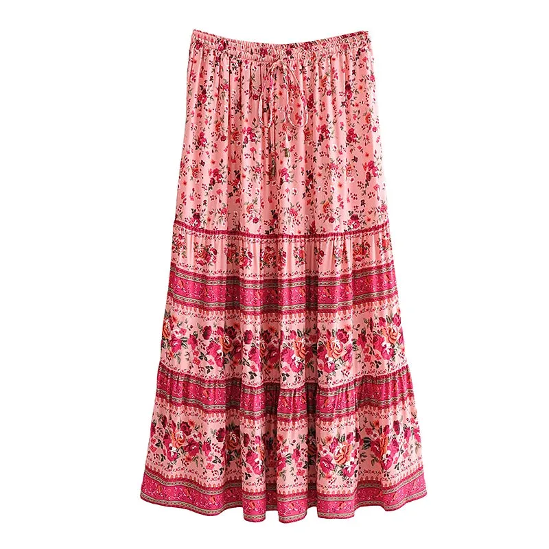 Boho Hippie Women Elastic Waist Beach Skirt  Pink Floral Printed