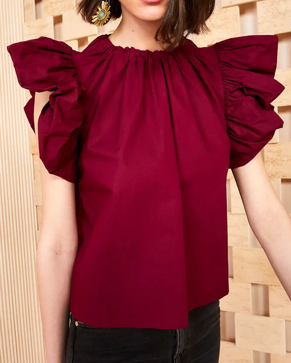 Bordeaux Leigh Flutter Sleeve Top