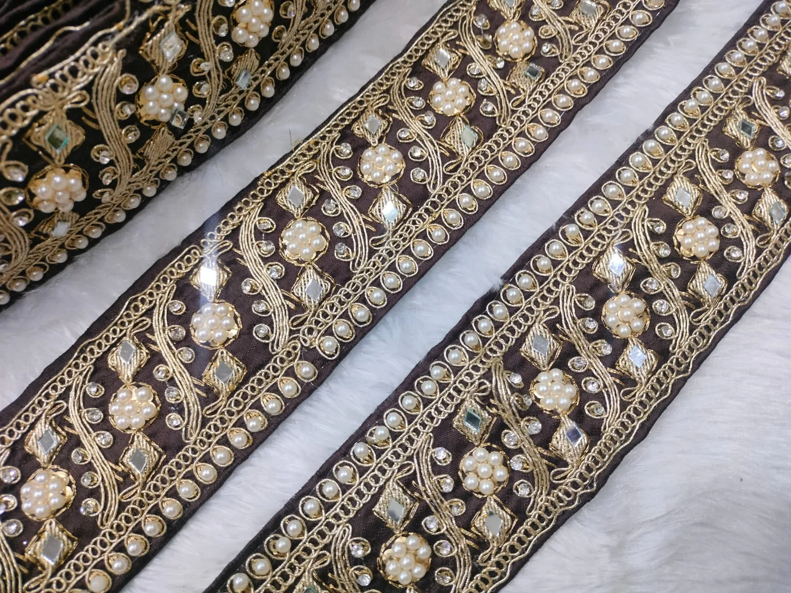 Brown Embellished Pearl and Mirror Trim