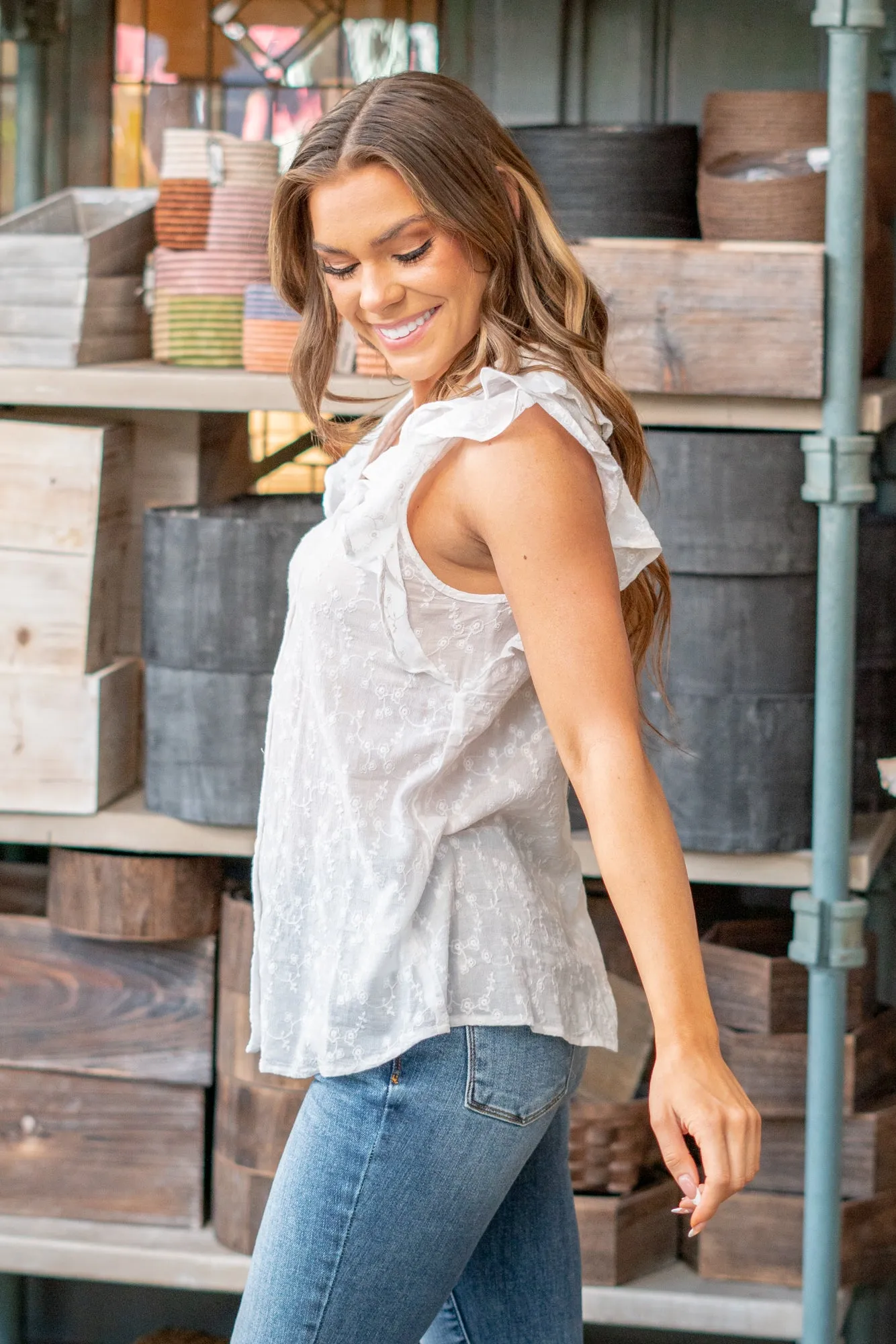 Cassandra Ruffled V Neck Button Down Top