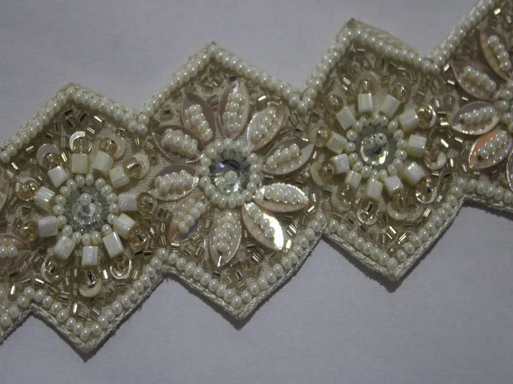 Cream & Golden Sequins and Beads Work Embroidered Border