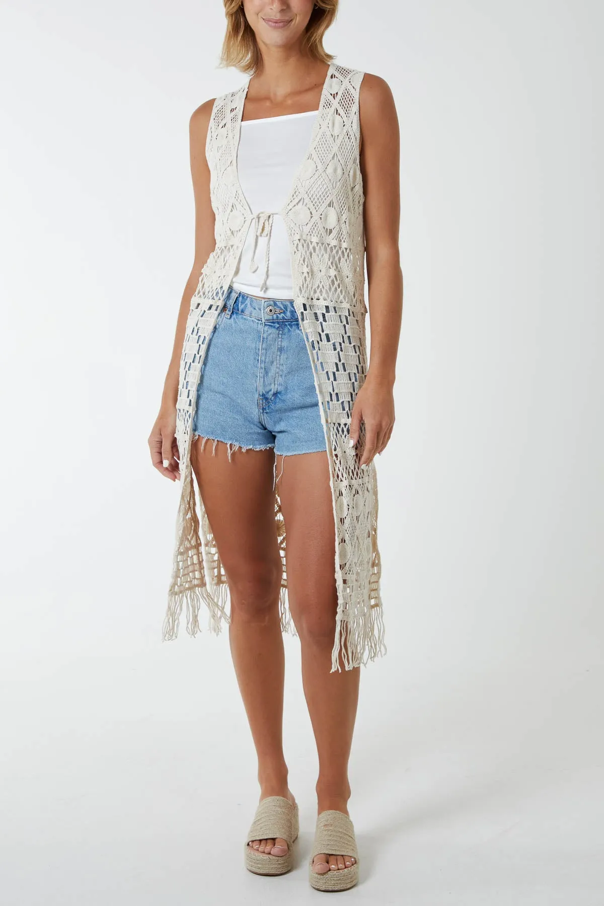 Crochet Tie Front Tassel Hem Kimono