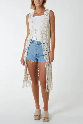 Crochet Tie Front Tassel Hem Kimono