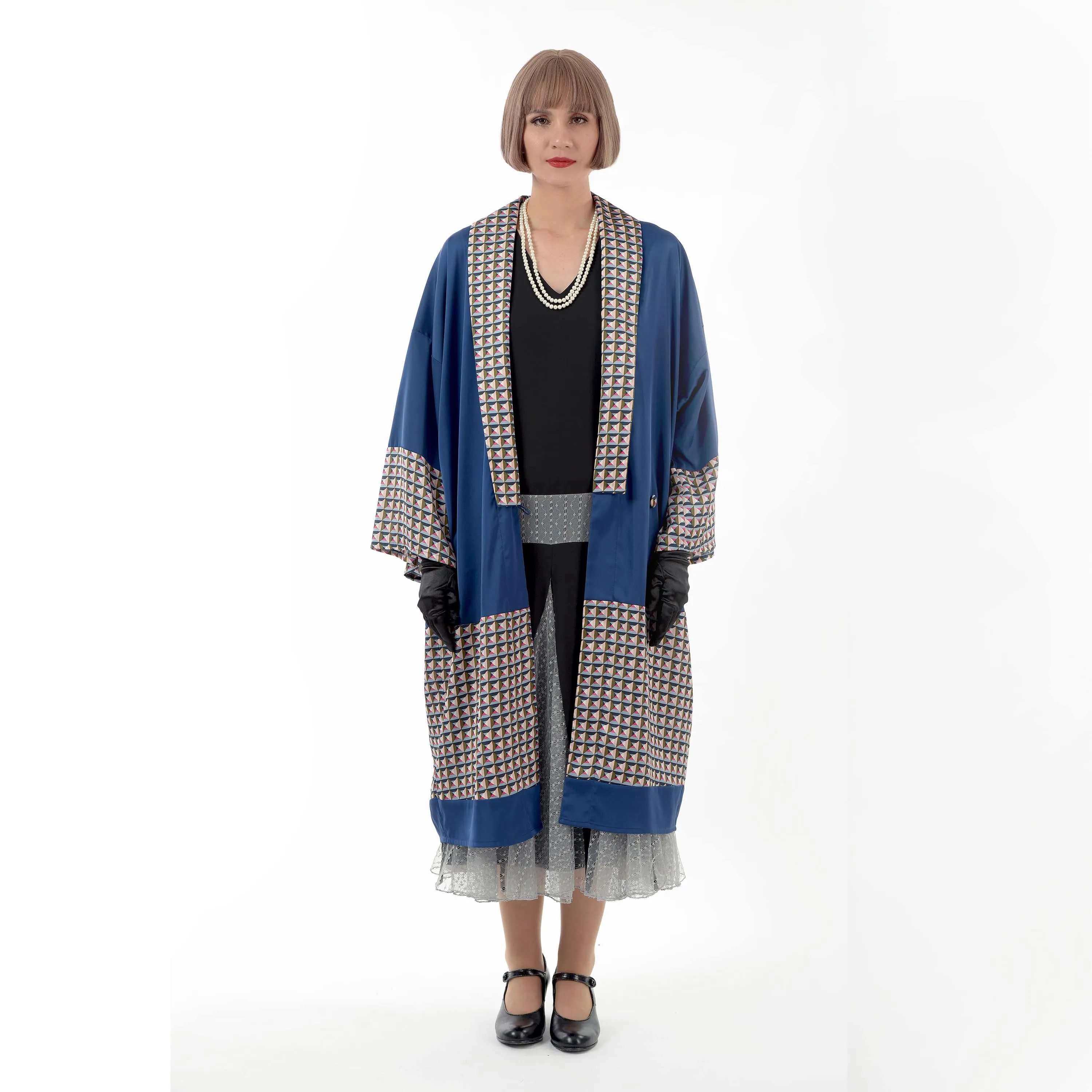 Dark blue 1920s kimono robe loungewear with print details