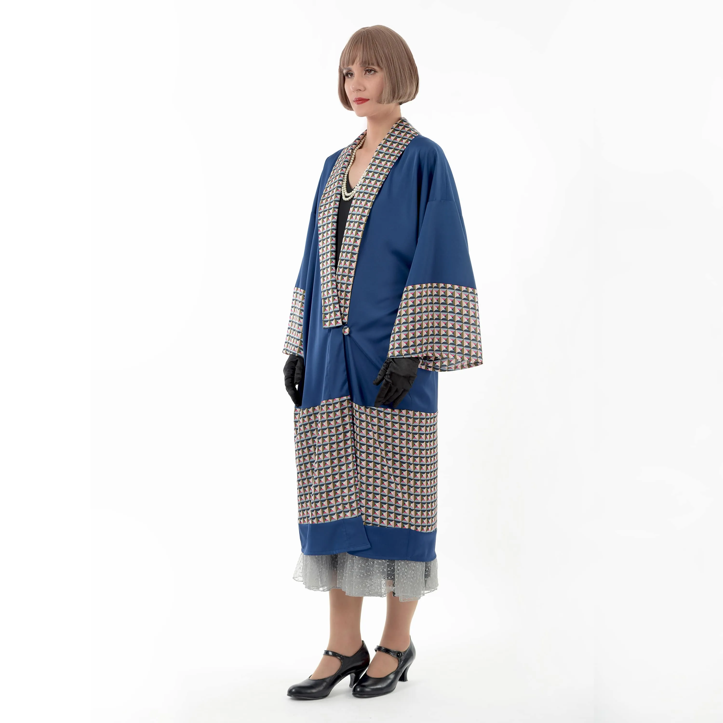 Dark blue 1920s kimono robe loungewear with print details