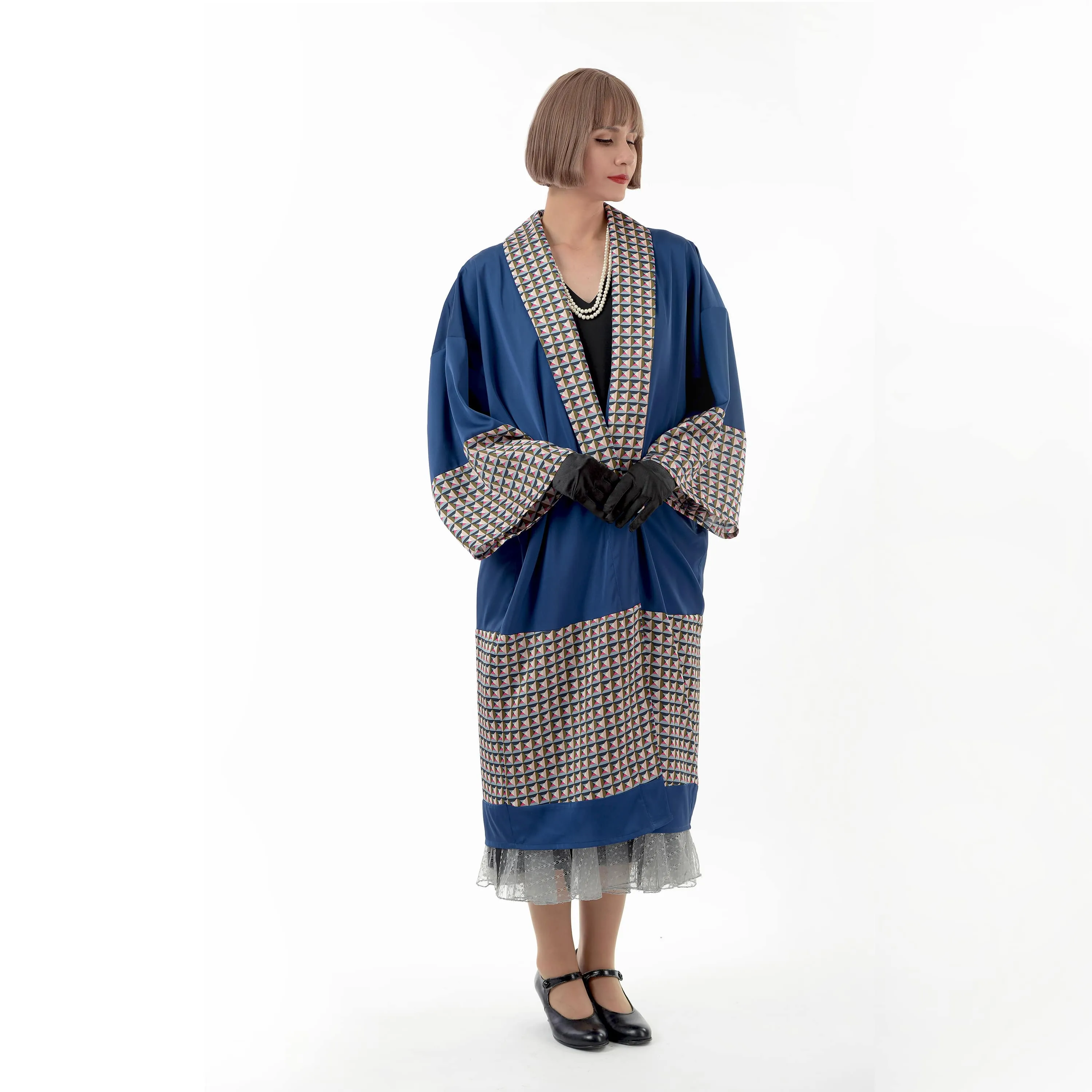 Dark blue 1920s kimono robe loungewear with print details