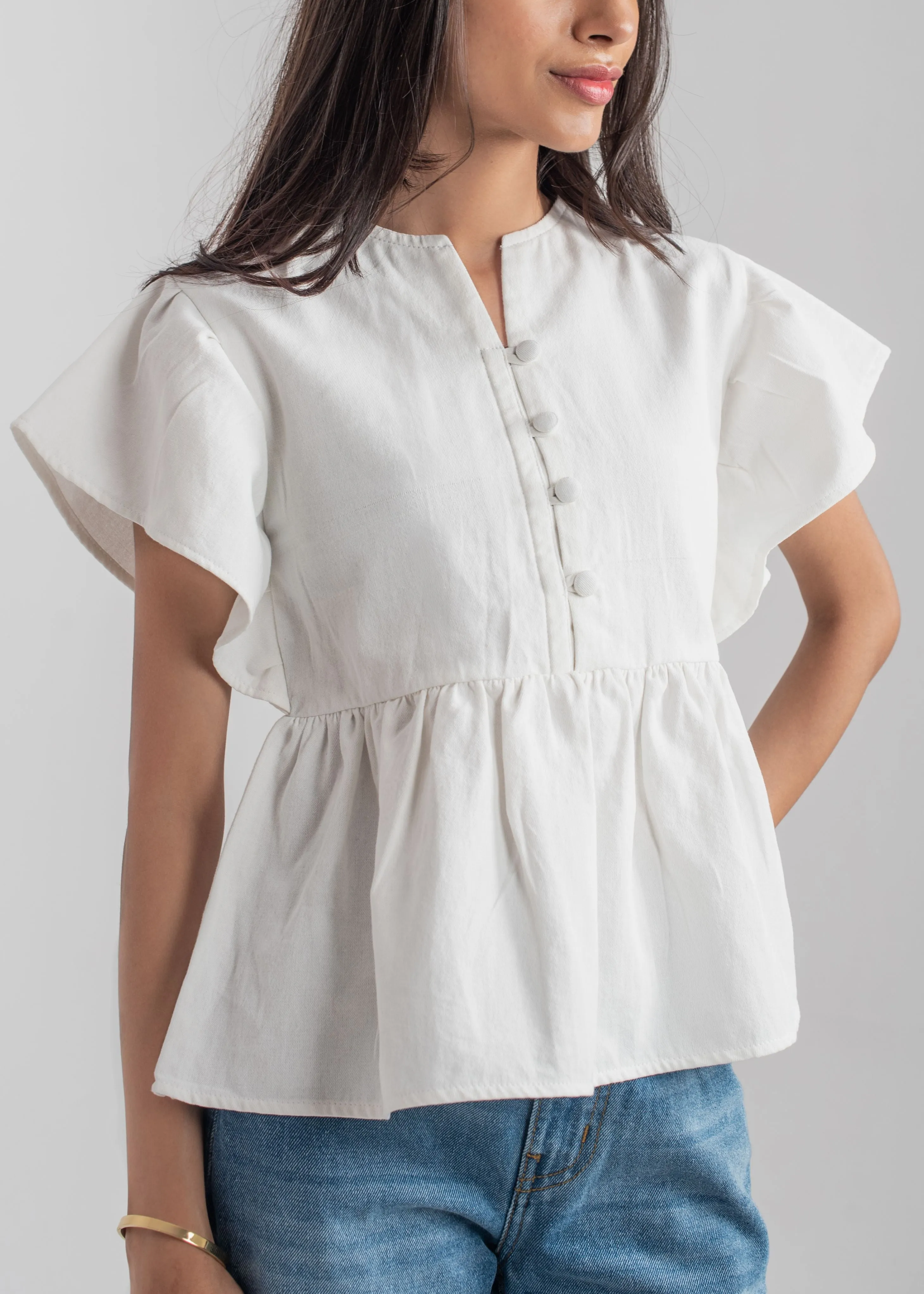 Denim Peplum Top - White