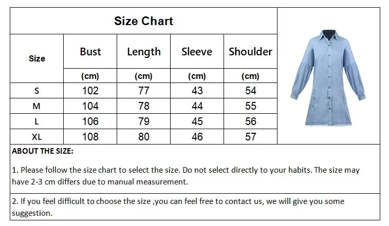 Denim Shirt Women Turn-Down Collar Long Sleeve Dresses