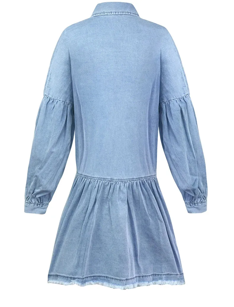 Denim Shirt Women Turn-Down Collar Long Sleeve Dresses