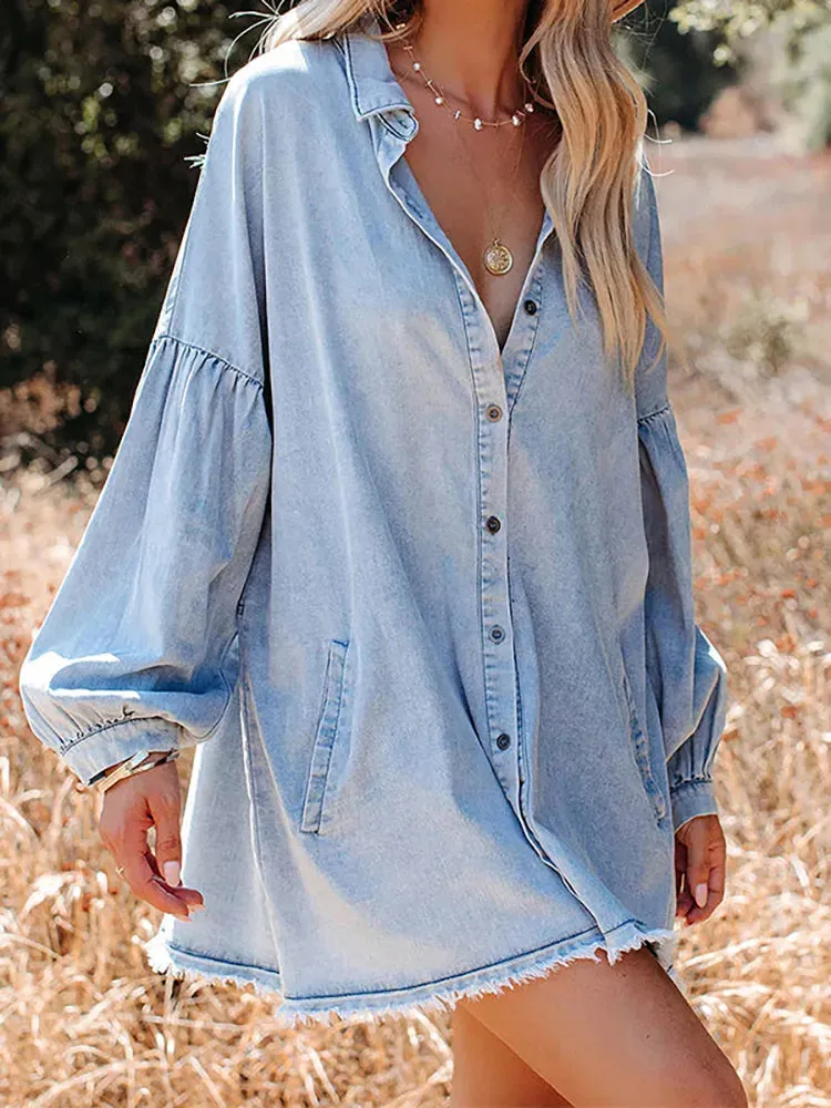 Denim Shirt Women Turn-Down Collar Long Sleeve Dresses