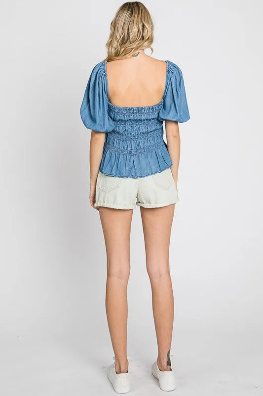 Denim Smocked Peplum Top