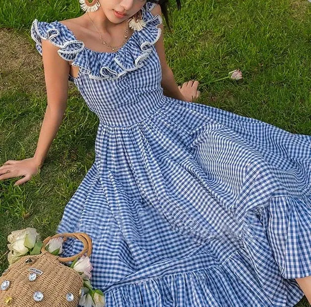 FashionSierra-Butterfly Sleeve Blue Plaid For Women Vintage Cotton Rayon Summer Long Party Ladies Vestidos 2024 Boho Dress