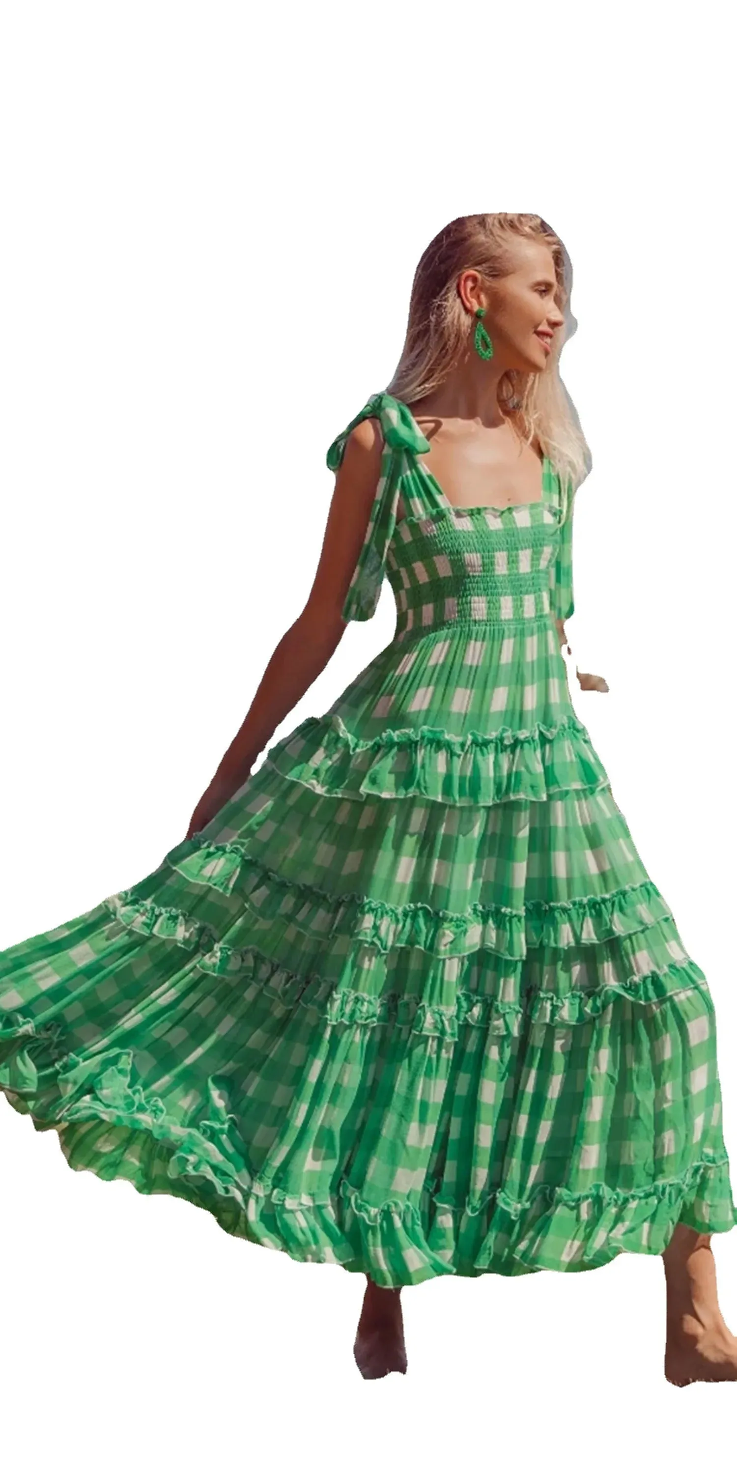 FashionSierra-Casual Square Collar Plaid for Women Vintage High Waist Ruffles Summer 2024 Sleeveless Long Vestidos Boho Dress