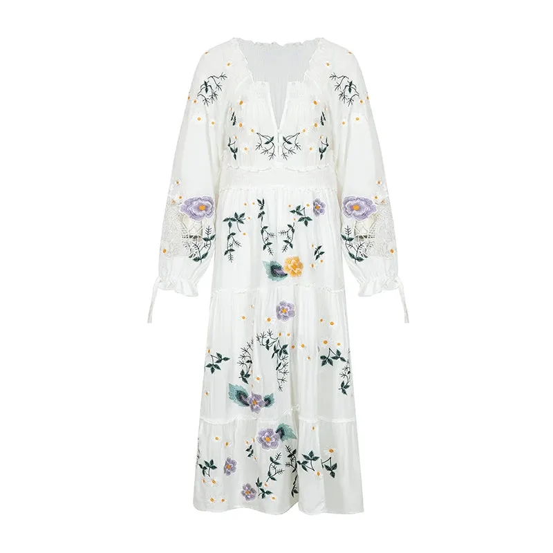 FashionSierra-Deep V  Long Sleeve  Casual  High Waist  Ruffles  Spring  Vintage  Floral Embroidery Boho Dress