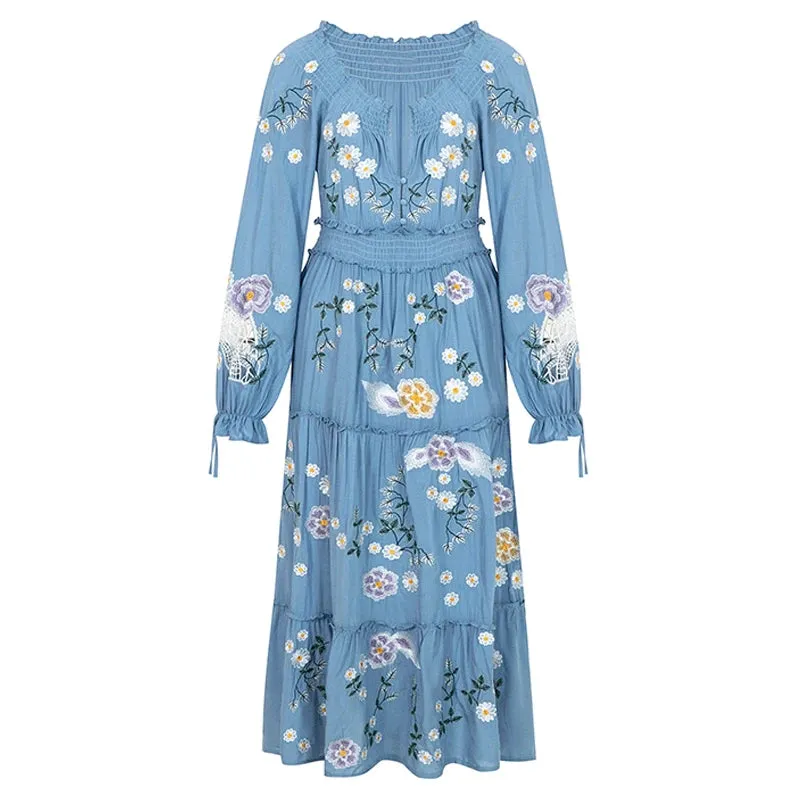 FashionSierra-Deep V  Long Sleeve  Casual  High Waist  Ruffles  Spring  Vintage  Floral Embroidery Boho Dress