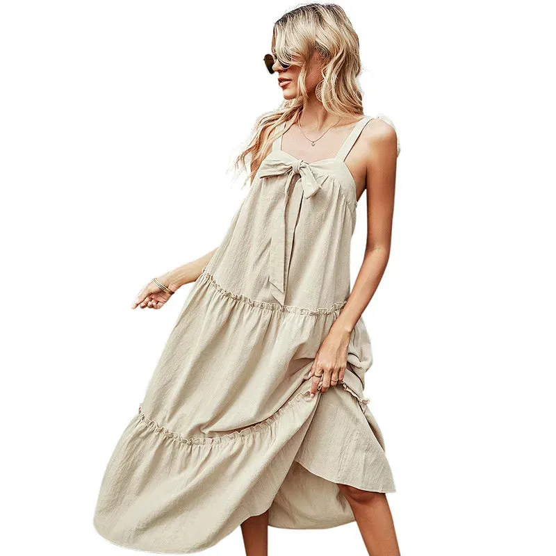 FashionSierra-Elegant  Sexy  Suspender  For Women  Casual  Cotton  Square Collar  Backless  Ruffled  A-line  Summer  Long  Vestidos Boho Dress