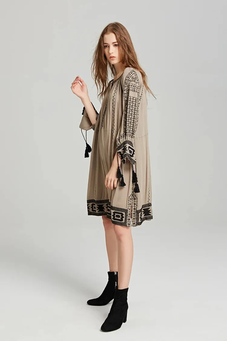 FashionSierra-Long Sleeve Mini  Tunic  Khaki  Ethnic  Floral Embroidery  Vintage  Loose  Cover Up  Robe Boho Dress