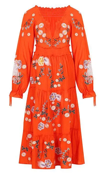 FashionSierra-Long Sleeve  Vintage  Floral Embroidery  Spring  Autumn  Casual  Deep V Neck  Cotton Boho Dress