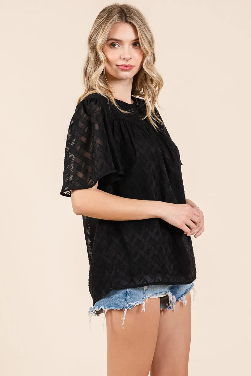 Flare Sleeve Textured Round Neck Checkered Blouse