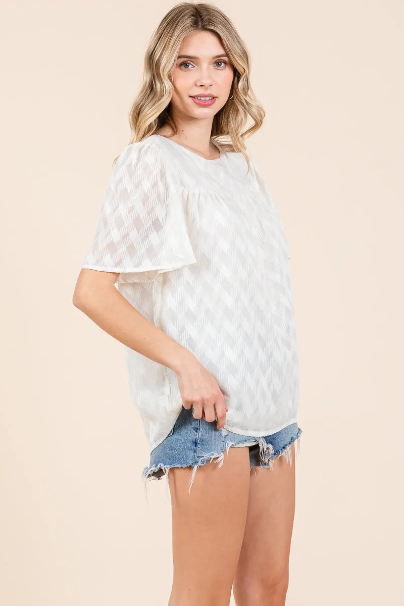 Flare Sleeve Textured Round Neck Checkered Blouse