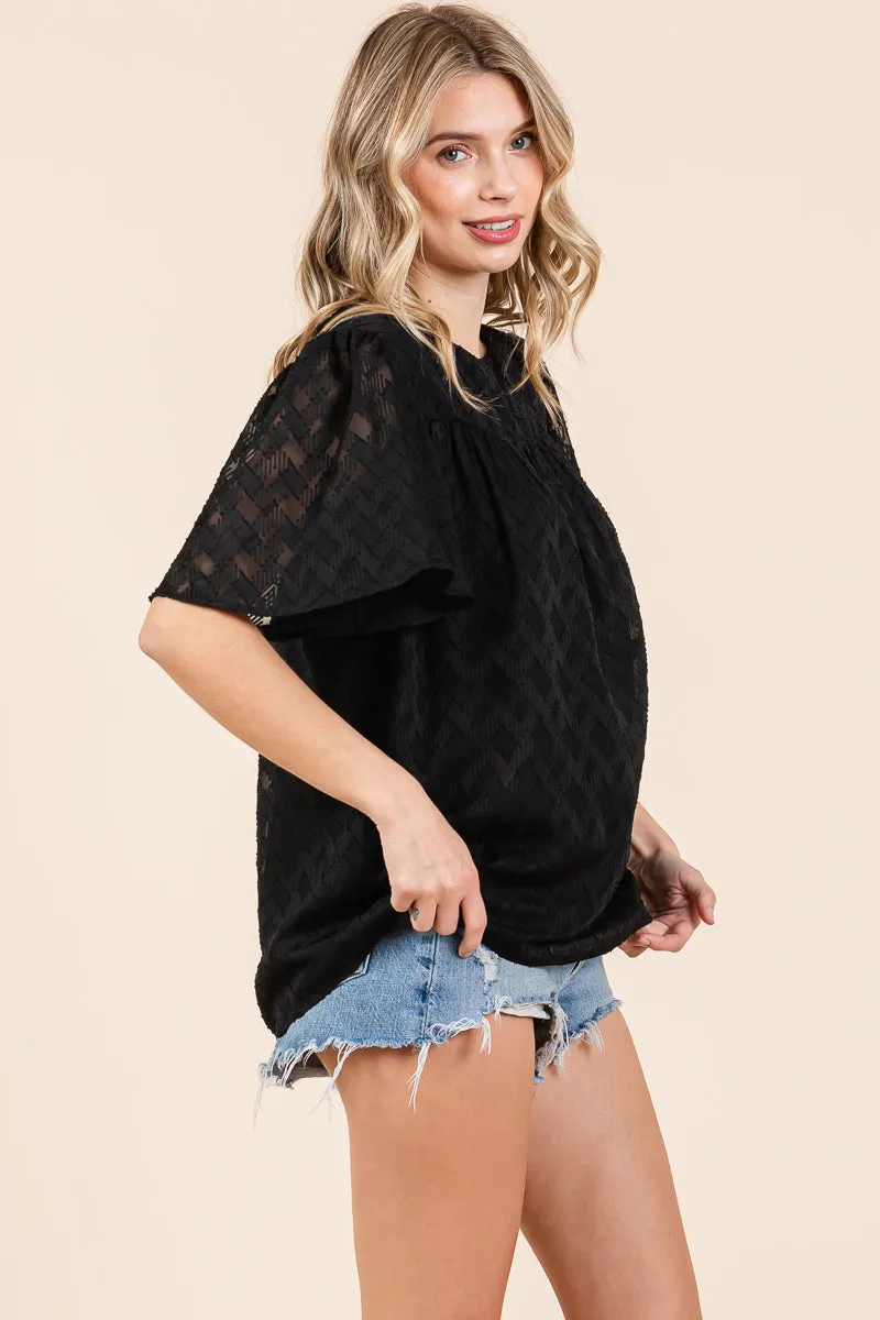 Flare Sleeve Textured Round Neck Checkered Blouse