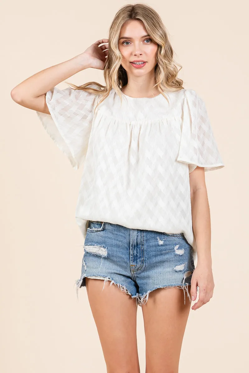 Flare Sleeve Textured Round Neck Checkered Blouse