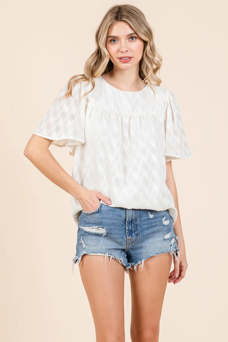 Flare Sleeve Textured Round Neck Checkered Blouse