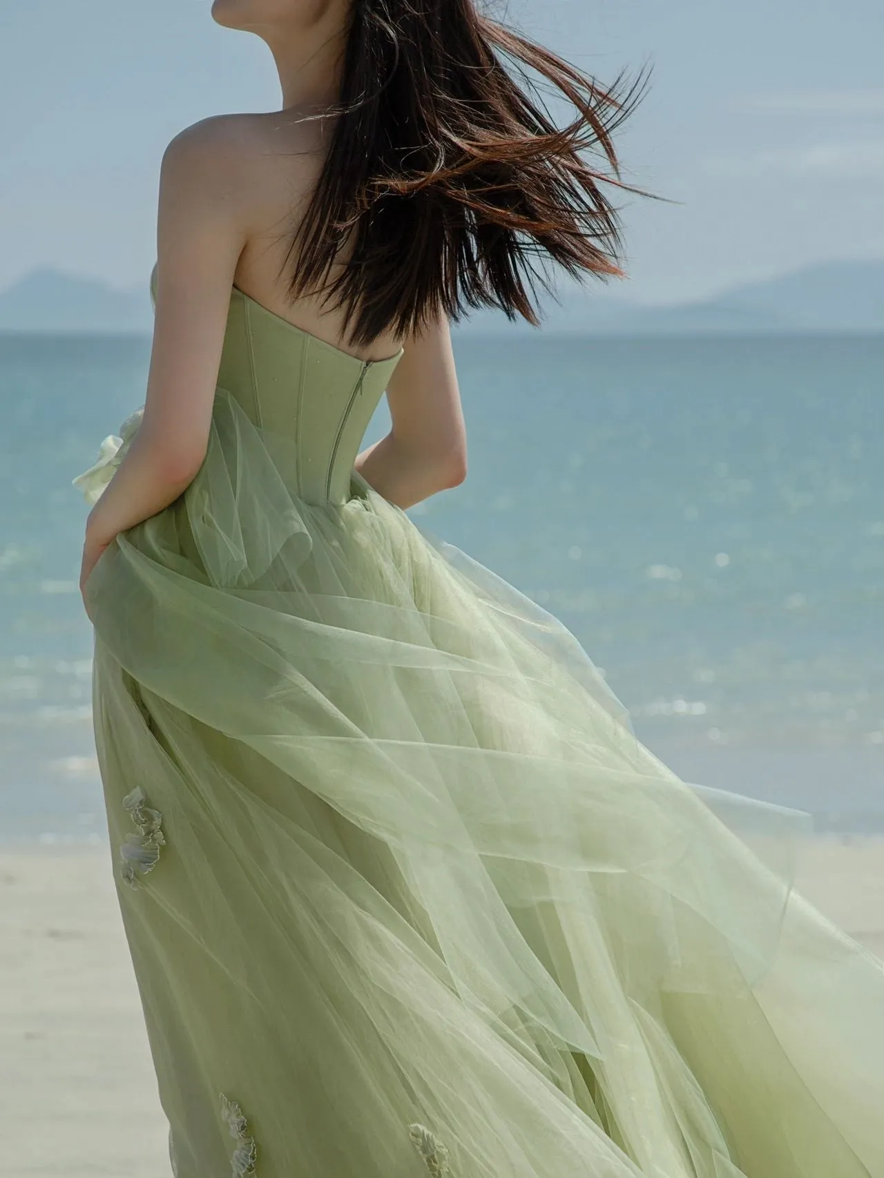 Flowy Sage Green Boho Beach Wedding Dress